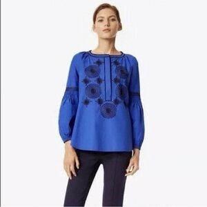 Tory Burch Aubrey Blue Embroidered Tunic Long-Sleeve Peasant Top